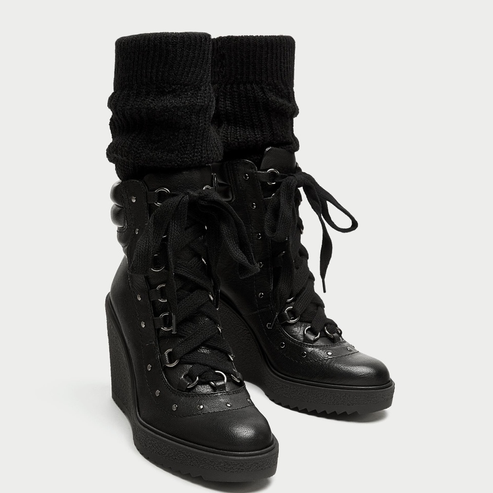 Zara Lace Up Leather Wedge Stud Combat Boots